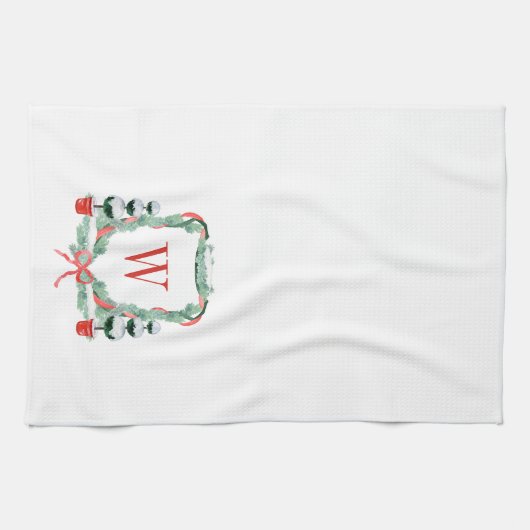 水彩クリスマストピアリーモノグラムクレスト キッチンタオル (横)