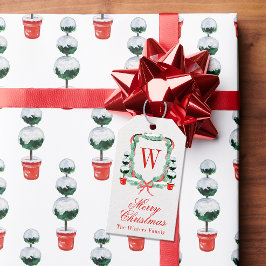 水彩クリスマストピアリーモノグラムクレスト ギフトタグ