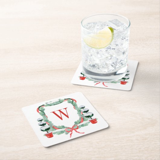 水彩クリスマストピアリーモノグラムクレスト スクエアペーパーコースター (インサイチュ)