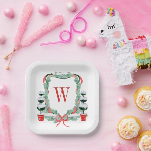 水彩クリスマストピアリーモノグラムクレスト ペーパープレート (パーティー)