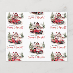 水彩クリスマストラックとヴィンテージ納屋