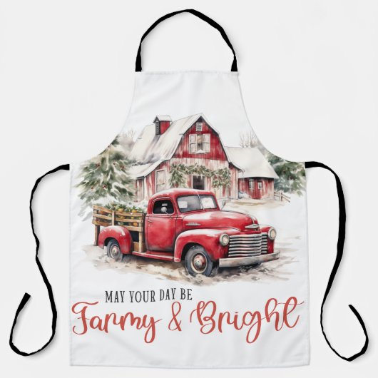 水彩クリスマストラックとヴィンテージ納屋 エプロン (正面)