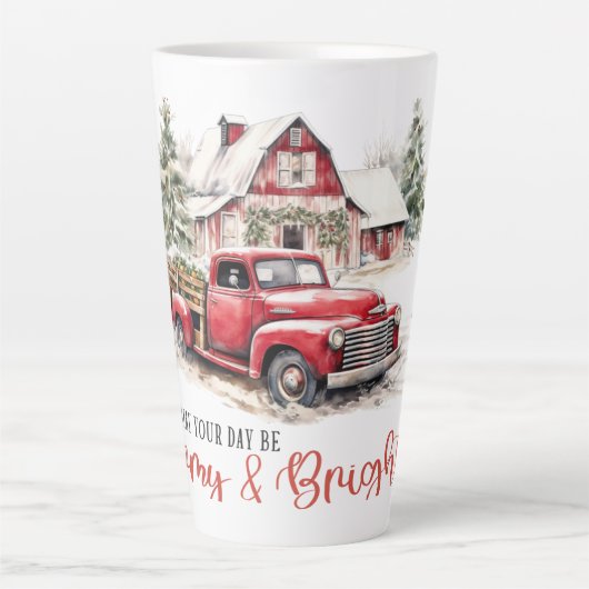 水彩クリスマストラックとヴィンテージ納屋 カフェラテマグ (正面)