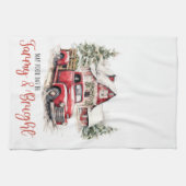 水彩クリスマストラックとヴィンテージ納屋 キッチンタオル (横)