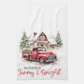 水彩クリスマストラックとヴィンテージ納屋 キッチンタオル (縦)