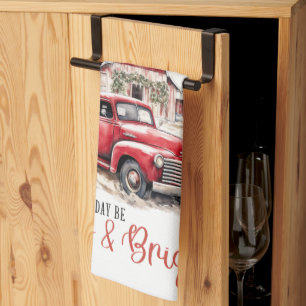 水彩クリスマストラックとヴィンテージ納屋 キッチンタオル