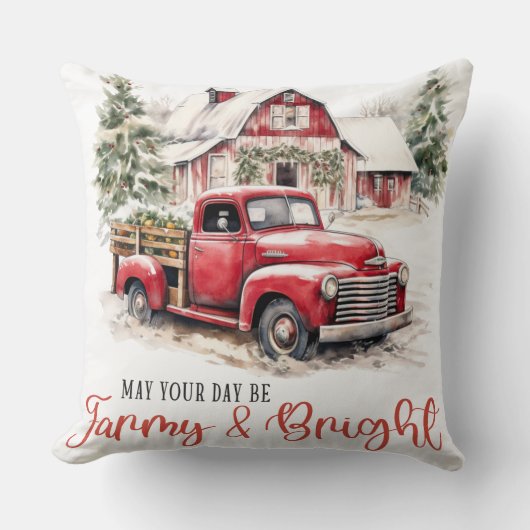 水彩クリスマストラックとヴィンテージ納屋 クッション (正面)