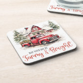 水彩クリスマストラックとヴィンテージ納屋 コースター (左側)