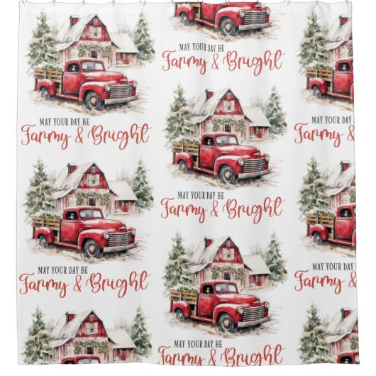 水彩クリスマストラックとヴィンテージ納屋 シャワーカーテン (正面)