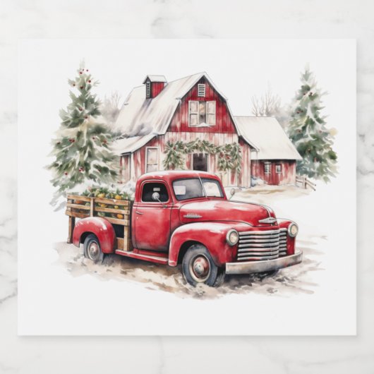 水彩クリスマストラックとヴィンテージ納屋 スパークリングワインラベル (シングルラベル)