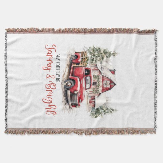 水彩クリスマストラックとヴィンテージ納屋 スローブランケット (正面)