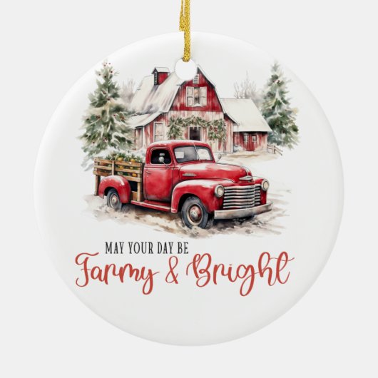 水彩クリスマストラックとヴィンテージ納屋 セラミックオーナメント (裏面)