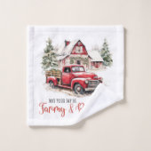 水彩クリスマストラックとヴィンテージ納屋 バスタオルセット (ウォッシュタオル)