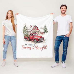 水彩クリスマストラックとヴィンテージ納屋 フリースブランケット