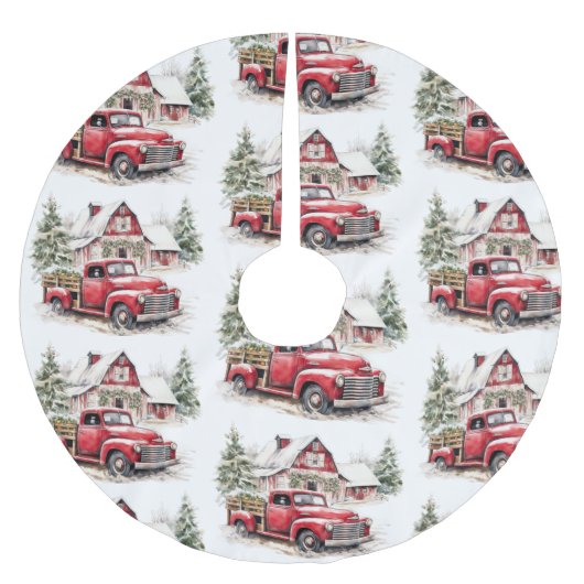 水彩クリスマストラックとヴィンテージ納屋 ブラッシュドポリエステルツリースカート (正面)