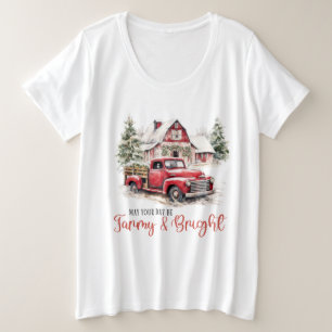水彩クリスマストラックとヴィンテージ納屋 プラスサイズTシャツ