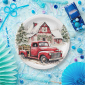 水彩クリスマストラックとヴィンテージ納屋 ペーパープレート (パーティー)