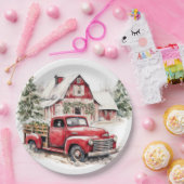 水彩クリスマストラックとヴィンテージ納屋 ペーパープレート (パーティー)