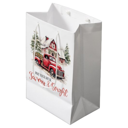 水彩クリスマストラックとヴィンテージ納屋 ミディアムペーパーバッグ (正面アングル)
