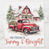 水彩クリスマストラックとヴィンテージ納屋 ワインラベル (シングルラベル)