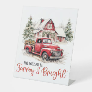 水彩クリスマストラックとヴィンテージ納屋 台座サイン