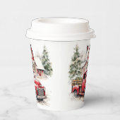 水彩クリスマストラックとヴィンテージ納屋 紙コップ (右)