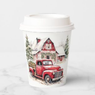 水彩クリスマストラックとヴィンテージ納屋 紙コップ