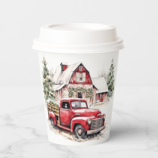 水彩クリスマストラックとヴィンテージ納屋 紙コップ (正面)