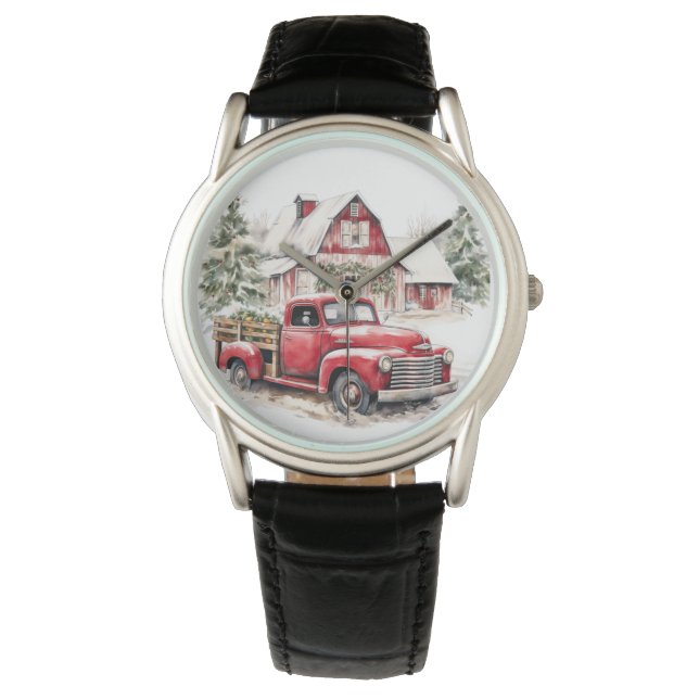 水彩クリスマストラックとヴィンテージ納屋 腕時計 (正面)