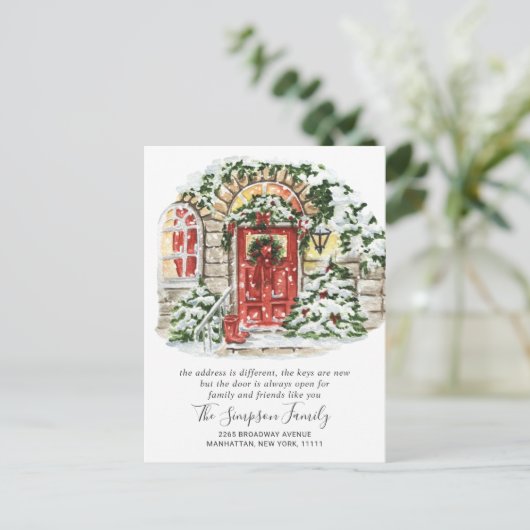 水彩クリスマスドア 引越しのお知らせ ポーズ ポストカード (スタンド正面)