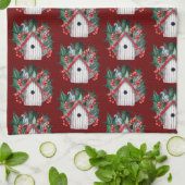 水彩クリスマスバードハウスパターン キッチンタオル (折り畳み)