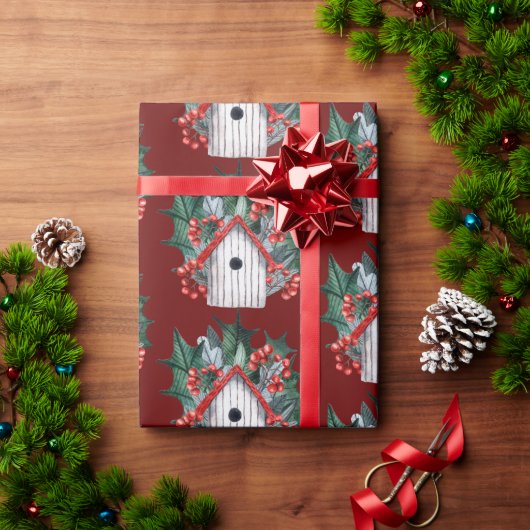 水彩クリスマスバードハウス ラッピングペーパー (クリスマスギフト)