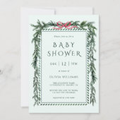 水彩クリスマスパインのガーランドがあしらわれたミントカラーのベイビーシャワー 招待状 (正面)