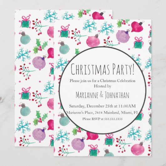 水彩クリスマスパーティーオーナメント休日 招待状 (正面/裏面)