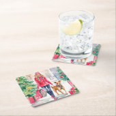 水彩クリスマスファッションショッピングガール スクエアペーパーコースター (インサイチュ)