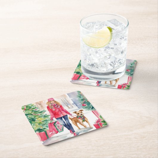 水彩クリスマスファッションショッピングガール スクエアペーパーコースター (インサイチュ)