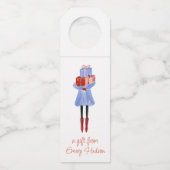 水彩クリスマスファッション女の子とプレゼント ボトルネックタグ (正面)