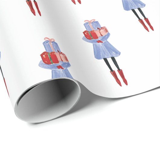 水彩クリスマスファッション女の子とプレゼント ラッピングペーパー (ロールコーナー)