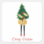 水彩クリスマスファッション少女 スクエアシール (正面)