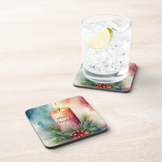 水彩クリスマスフェスティバルキャンドルイラストレーション コースター (右側)