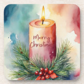 水彩クリスマスフェスティバルキャンドルイラストレーション コースター (正面)