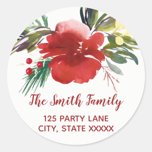 水彩クリスマスフラワーラウンド差出人住所 ラウンドシール (正面)