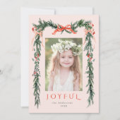 水彩クリスマスフレームフォト赤面ピンク シーズンカード (正面)