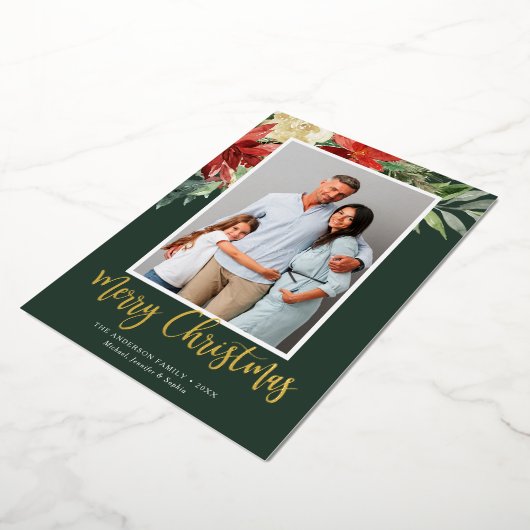 水彩クリスマスフローラグリーンフォト 箔シーズンカード (回転した状態)