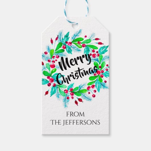 水彩クリスマスフローラリースメリークリスマス ギフトタグ (正面)