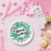 水彩クリスマスフローラリースメリークリスマス ペーパープレート (パーティー)