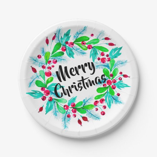 水彩クリスマスフローラリースメリークリスマス ペーパープレート (正面)