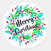水彩クリスマスフローラリースメリークリスマス ラウンドシール (正面)