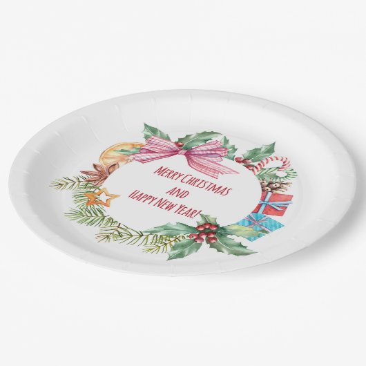 水彩クリスマスフローラリース |休日 ペーパープレート (アングル)