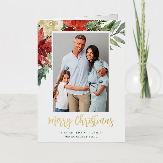 水彩クリスマスフローラ写真金ゴールド 箔シーズンカード (正面)